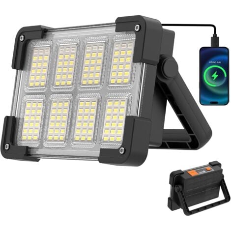AUTRES Projecteur LED Rechargeable Portable, Lampe de Travail Étanche, Lumière USB 4 Modes Avec Panneau Solaire Pour Camping, Garage, Urgence, Atelier [Classe énergétique E]