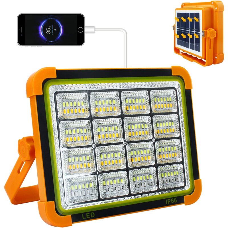 Projecteur LED Rechargeable Solaire, 10000 Lumens LamProjecteur LED Rechargeable Solaire 100W, 10000 Lumens Lampe de Chantier avec 4 Modes Lanterne,