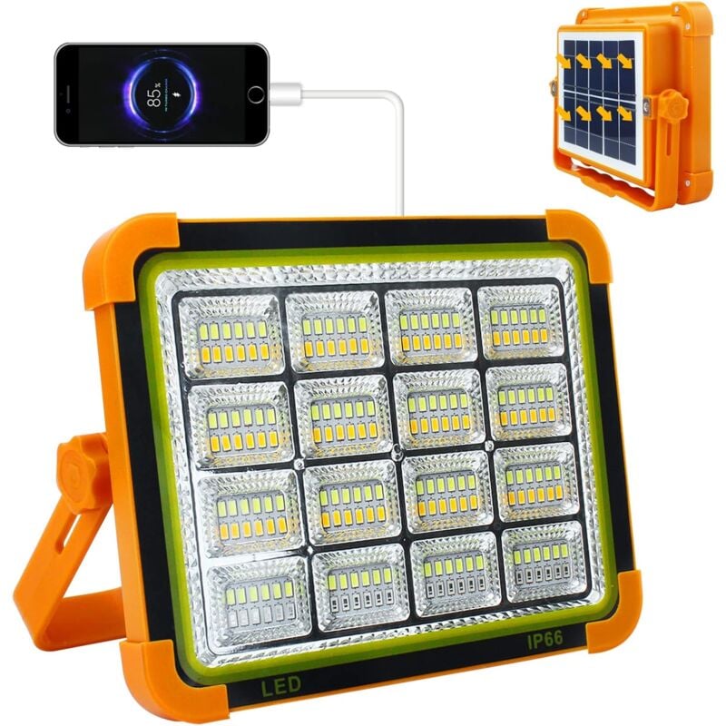 Projecteur LED Rechargeable Solaire 100W, 10000 Lumens Lampe de Chantier avec 4 Modes Lanterne, Portable Lampe de Travail Étanche USB 12000mAh