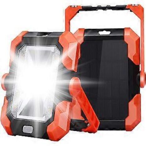 Projecteur LED rechargeable USB et solaire, lampe de chantier portable avec 4 modes SOS, rotation à 360° et réglage réglable.
