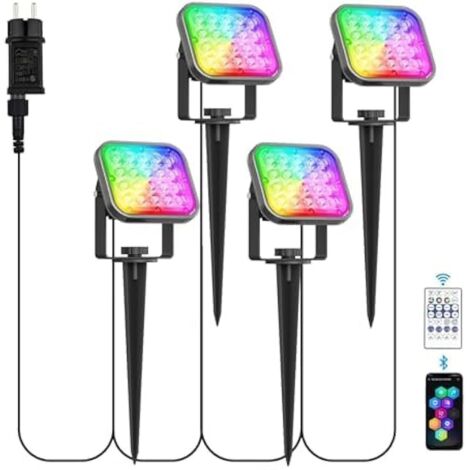 Projecteur LED RGB, 16 Millions de Couleurs et 12 Modes Spot LED Extérieur Couleur, 12V Eclairage Multicolore APP et Télécommande Contrôlable, IP65 Étanche pour Jardin, Garage, Chemin, 4 en 1