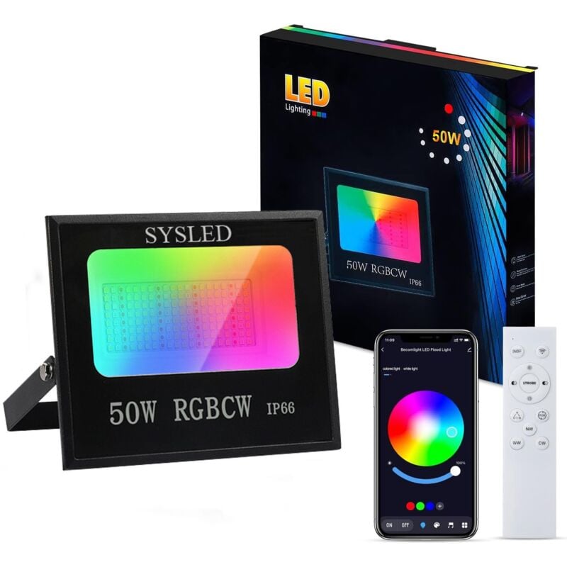 Projecteur LED RGBCW intelligent avec télécommande ou smartphone et contrôle la musique Puissance Watt: 50W