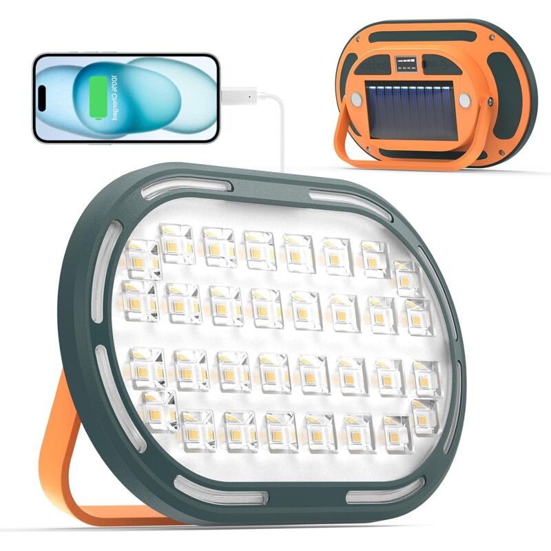 Projecteur LED solaire rechargeable, lampe de travail 30 W, 2 000 lm, étanche IP65, compact, avec 4 modes d'éclairage pour le camping et la pêche (1