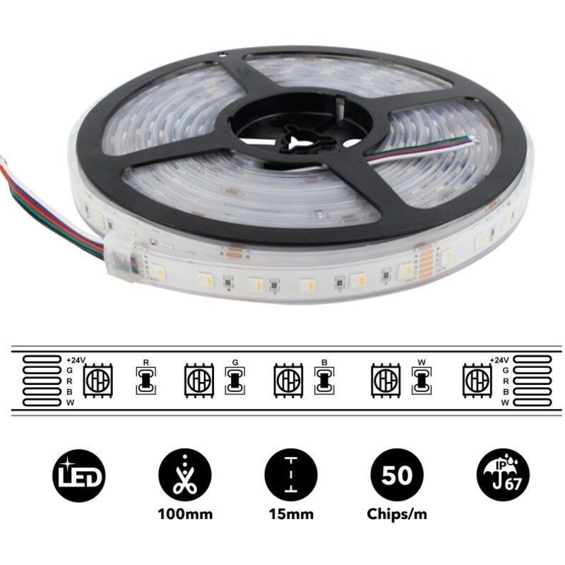 Ruban led imperméable rgbww 24V smd 5050 96W IP67 5M