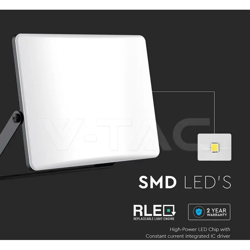 Projecteur LED SMD V-TAC 50 W, diffuseur blanc mat, cadre noir, CCT IP65