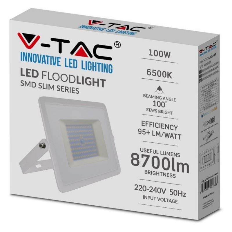 V-tac - VT-40101 100W projecteur led E-Series super slim Blanc IP65 blanc froid 6500K - sku 5969