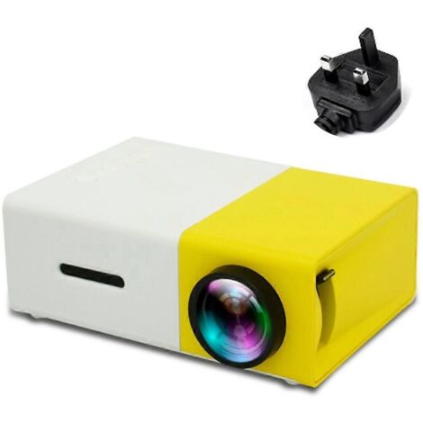 Projecteur portable mini 1080p, 800 lumens, écran 80 pouces, prise britannique, jaune et blanc.