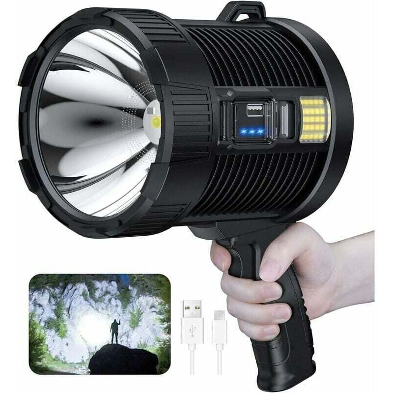 Projecteur rechargeable, 100000 lumens Led projecteur à main grande lampe de poche projecteur solaire extérieur super lumineux, avec lampe Cob, 6