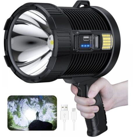Projecteur rechargeable, 100000 lumens Led projecteur à main grande lampe de poche projecteur solaire extérieur super lumineux, avec lampe Cob, 6 modes, étanche IPX5 (noir)
