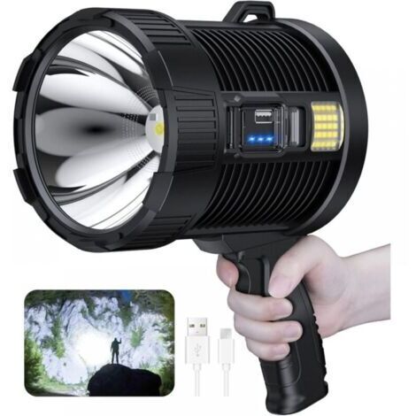 Projecteur rechargeable, 100000 lumens Led projecteur à main grande lampe de poche projecteur solaire extérieur super lumineux, avec lampe Cob, 6 modes, étanche IPX5 (noir)