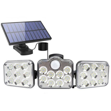 Projecteur solaire à 3 têtes avec détecteur de mouvement pour jardin extérieur, mur, sécurité, angle d'éclairage large de 270°, idéal pour cour, garage, terrasse, porche.