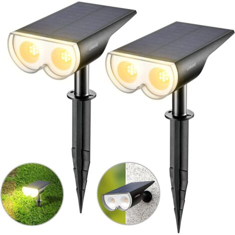 Projecteur solaire extérieur, lumière solaire LED étanche IP67, projecteur solaire réglable 650LM avec 2 modes d'éclairage, lumière chaude pour jardin, cour, allée, allée, lumière solaire Lot de 2 Noi