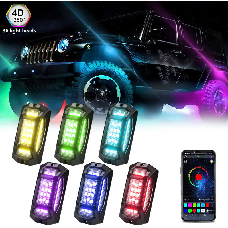 Projecteurs LED multicolores pour roches (lot de 6), grand angle 150°, étanches IP68, avec application et synchronisation Bluetooth, fonction