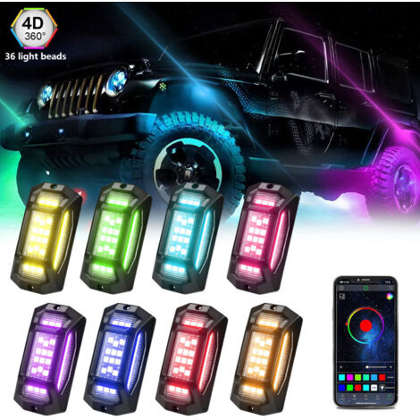 Projecteurs LED multicolores pour roches (lot de 8), grand angle 150°, étanches IP68, avec application et synchronisation Bluetooth, fonction musique, pour SUV, quad et SSV.