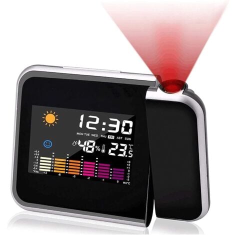 Projection Alarm Clock, Color Screen Calendar, Personal Weather Station for Bedroom, Dimmable Projector, Dual Alarm, LCD Display, Date, Time, Temperature, Humidity.