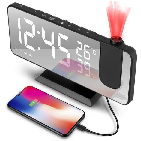 Projection alarm clock, digital alarm clock with projection, clock radio with USB connection, large LED display, dual alarm, projection brightness with automatic dimmer,