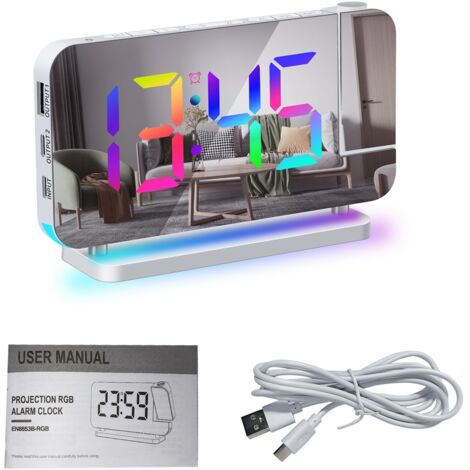 Projection Alarm Clock for Bedroom 7-inch RGB Colorful LED Digital Clock with Mirror Surface 6-level Brightness Dimmer USB Charger Snooze Function 12/24H 11 Colors 180 Degrees Projector on Ceiling