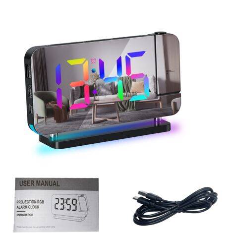 Projection Alarm Clock for Bedroom 7-inch RGB Colorful LED Digital Clock with Mirror Surface 6-level Brightness Dimmer USB Charger Snooze Function 12/24H 11 Colors 180 Degrees Projector on Ceiling