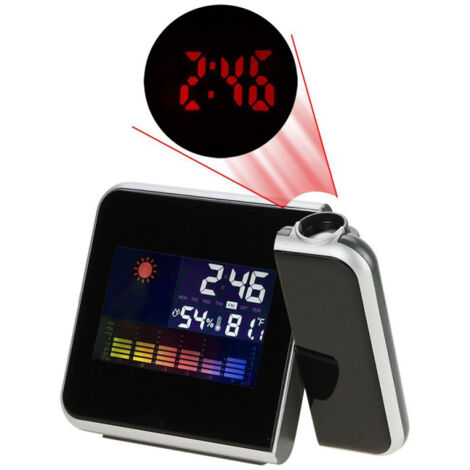 Projection murale numérique, écran LCD météo, alarme snooze, double horloge rotative, affichage couleur avec rétroéclairage LED, température et humidité