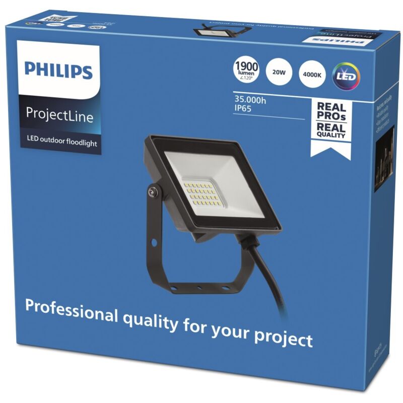 Philips – Projecteur d'éclairage LED 20W IP65 – Lumière blanche naturelle 4000K – Métal pour extérieur – Flux lumineux 1900 lm – 290mm x 1400mm