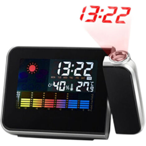 Projektionswecker, 180 Grad verstellbarer digitaler Projektorwecker mit Wetterstation, Temperatur-, Luftfeuchtigkeits- und Farbanzeige sowie LED-Uhr mit ewigem Kalender