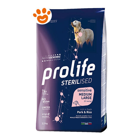 PROLIFE Cane Sterilised Sensitive Medium e Large 12kg Maiale e Riso