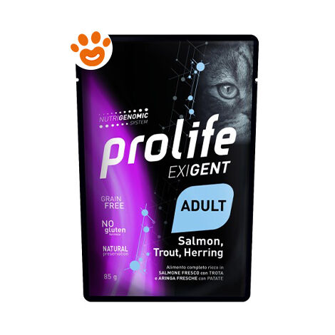 Prolife Cat Exigent Adult Salmone Trota e Aringa  - Prolife Cat Exigent Adult Salmone Trota e Aringa - Bustina Da 85 Gr