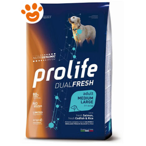 Prolife Dog DualFresh Adult Medium Large Salmone, Merluzzo e Riso  - Prolife Dog DualFresh Adult Medium Large Salmone, Merluzzo e Riso - Sacco Da 12 Kg