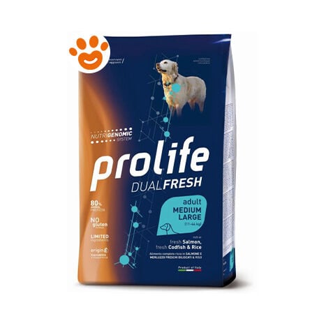 Prolife Dog DualFresh Adult Medium Large Salmone, Merluzzo e Riso  - Prolife Dog DualFresh Adult Medium Large Salmone, Merluzzo e Riso - Sacco Da 12 Kg