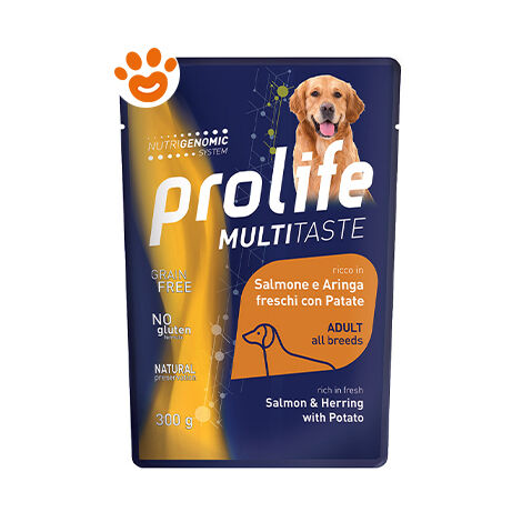 Prolife Dog Multi Taste Adult All Breeds con Salmone, Aringa e Patate  - Prolife Dog Multi Taste Adult All Breeds con Salmone, Aringa e Patate - Bustina Da 300 Gr