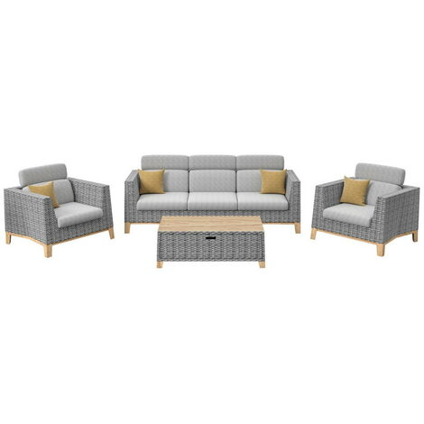 PROLOISIRS Ensemble salon de jardin complet 4 places Ivano en Aluminium - oak/naturel/gris