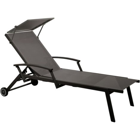 PROLOISIRS Lit empilable - FLORENCE - Aluminium époxy graphite - Toile TPEP gris - Accoudoirs escamotables - Ombrelle - Roues