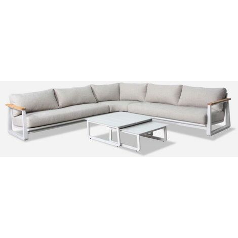 PROLOISIRS Set angle Leather II en aluminium accoudoirs en teck avec coussins - crème