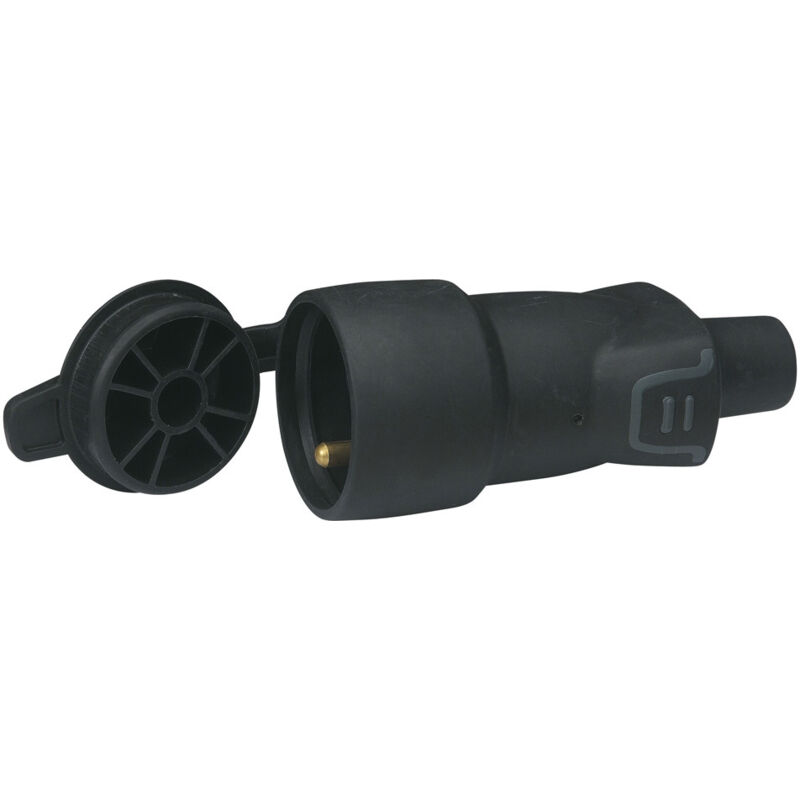 Fiche caoutchouc noire 2p+t 16 a connexion à vis avec bouchon femelle