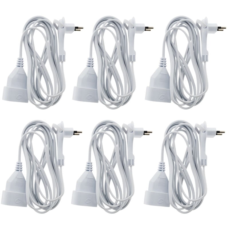 Lot de 6 prolongateurs sans terre avec fiche extraplate 2x 0,75mm² - Blanc 3m Zenitech