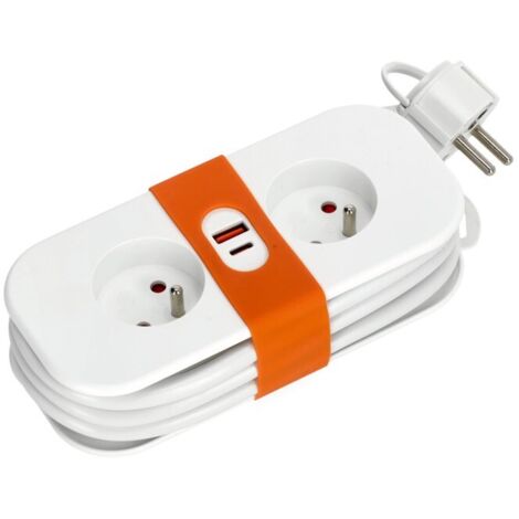 Prolunga, 2 prese, 230V + USB, 1,4m, con messa a terra, cavo 3x1,5mm, bianco