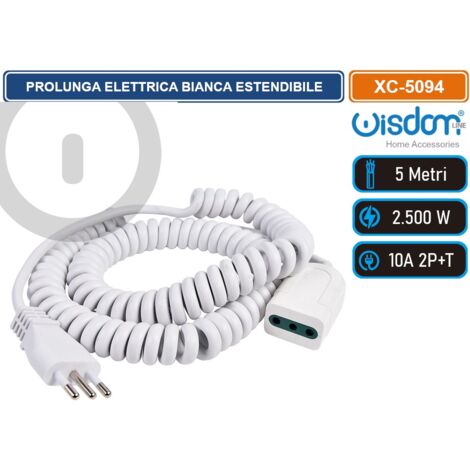 PROLUNGA ELETTRICA BIANCA ESTENDIBILE DA 1,2 A 5 METRI FLESSIBILITA' E SICUREZZA CON SPINA S11 PER CONNESSIONI DOMESTICHE E PROFESSIONALI