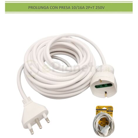 Prolunga elettrico 5 10mt con spina piatta presa schuko 10 16A 250V cavo bianco lineare 3G1  5 m