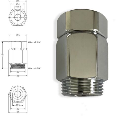 Prolunga senza foro con dado girevole 3/4"x3/4" in ottone cromato. 786507OC