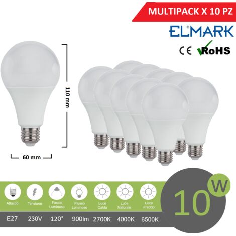 Promopack x 10 pz lampadina led globo A60 E27 10w attacco grande sfera basso consumo luce fredda naturale calda  Fredda bianca 6400k