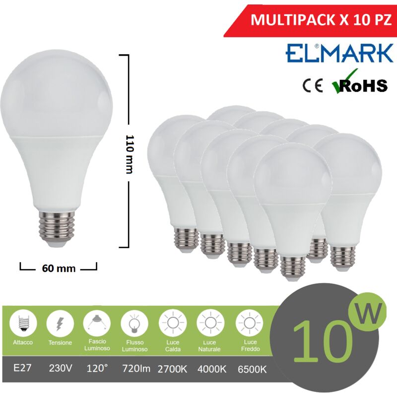 Image of Elmark - Promopack x 10 pz lampadina led globo A60 E27 10w attacco grande sfera basso consumo luce fredda naturale calda Naturale 4000k