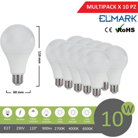 Promopack x 10 pz lampadina led globo A60 E27 10w attacco grande sfera basso consumo luce fredda naturale calda  Naturale 4000k