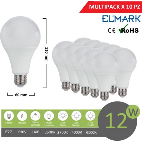 Promopack  x 10 pz lampadina led globo A60 E27 12w attacco grande sfera basso consumo luce fredda naturale calda  Calda 2700k