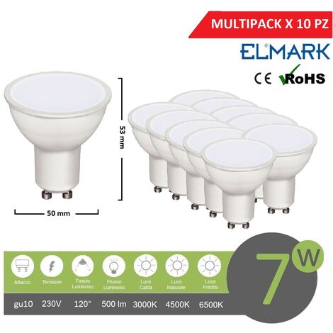 Promopack X10pz faretto led 7w attacco gu10 bianco lampadina copertura opaca luce fredda naturale calda  Fredda bianca 6400k