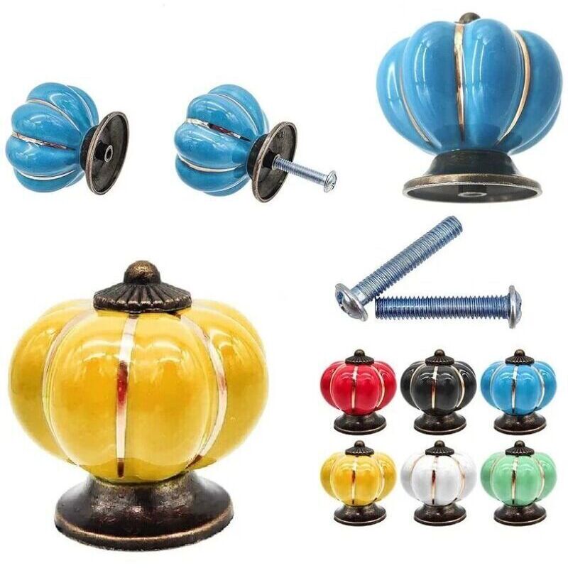 Promotion 7PCS ,Boutons de tiroir en céramique bouton de meuble forme citrouille pour tiroirs et placards de cuisine - mélange de couleurs--
