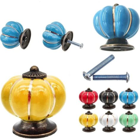Promotion 7PCS ,Boutons de tiroir en céramique bouton de meuble forme citrouille pour tiroirs et placards de cuisine - mélange de couleurs