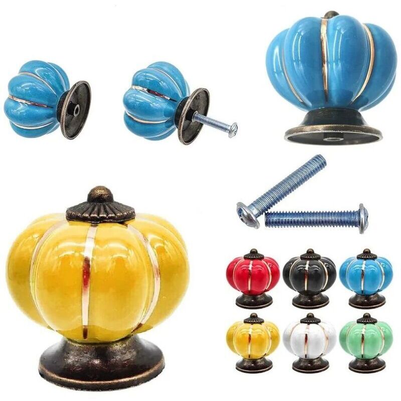 Promotion 7PCS ,Boutons de tiroir en céramique bouton de meuble forme citrouille pour tiroirs et placards de cuisine - mélange de couleurs- Trimec