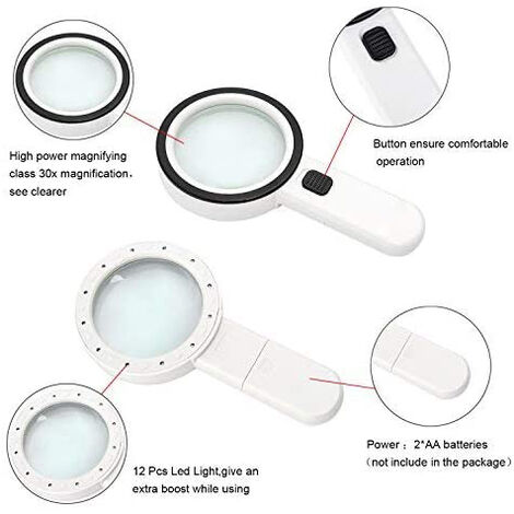 Promotion, Loupe de lecture Loupe lumineuse 30X Loupe Lumières avec 12 LED Haute Puissance Loupe Grossissante Loupe liseuse pour les seniors,inspection,passe-temps,artisanat,horloger, monnaies,timbres
