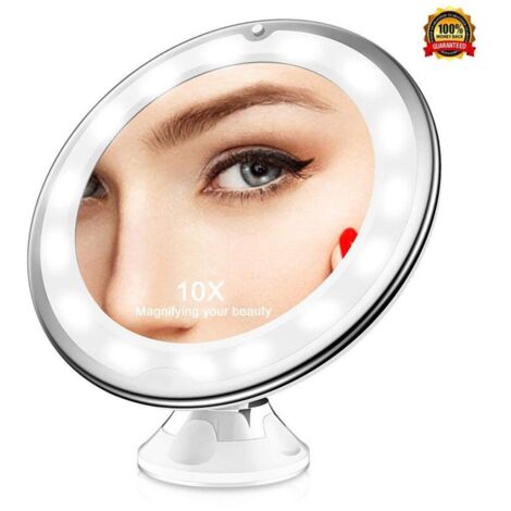 Promotion, Miroir Grossissant X10, Miroir Grossissant Lumineux LED de Voyage avec Ventouse, Miroir Grossissant Mural Portable, Rotation à 360°, Miroir à Poser Idéal pour Rasage et Maquillage