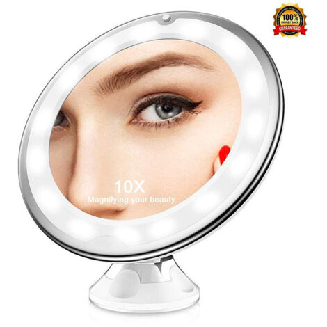 Promotion, Miroir Grossissant X10, Miroir Grossissant Lumineux LED de Voyage avec Ventouse, Miroir Grossissant Mural Portable, Rotation à 360°, Miroir à Poser Idéal pour Rasage et Maquillage,--